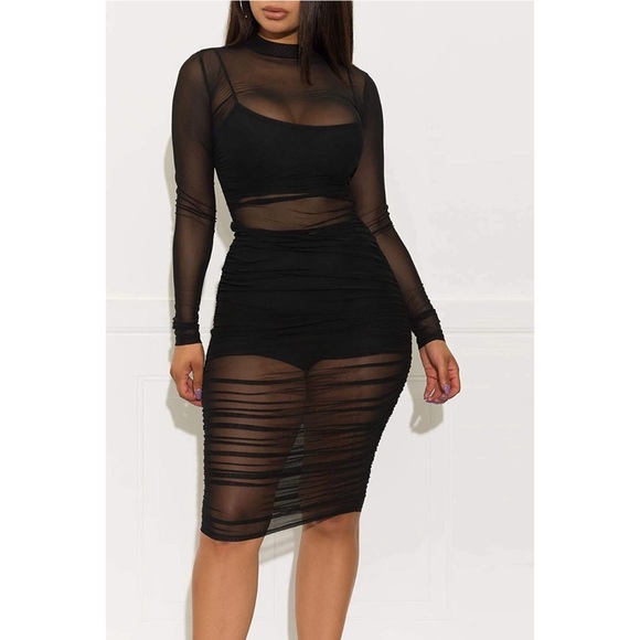 Three Piece Bodycon Mesh Dress - Picture 2 of 4